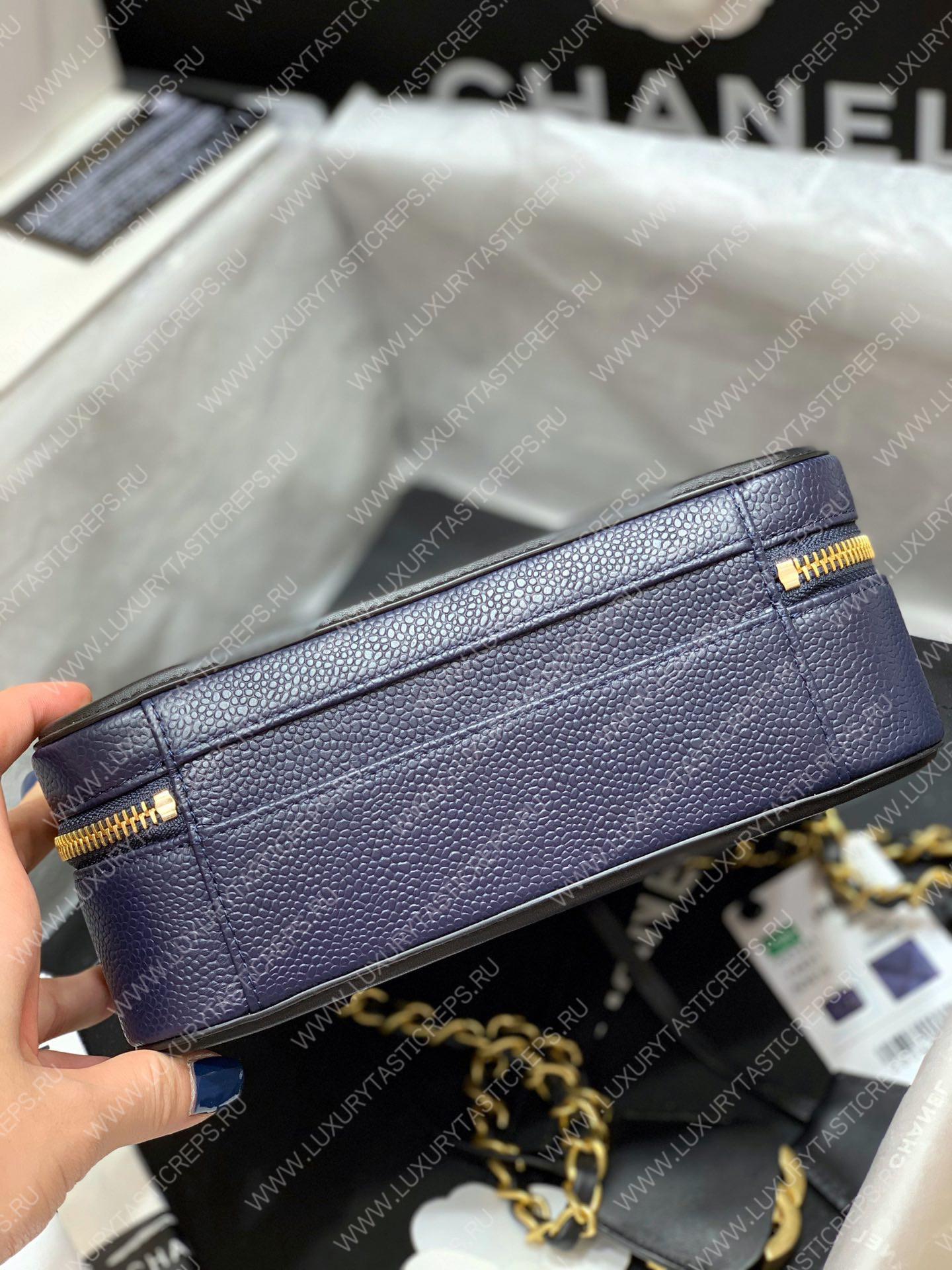 Ch*el vanity case medium black and blue a93341