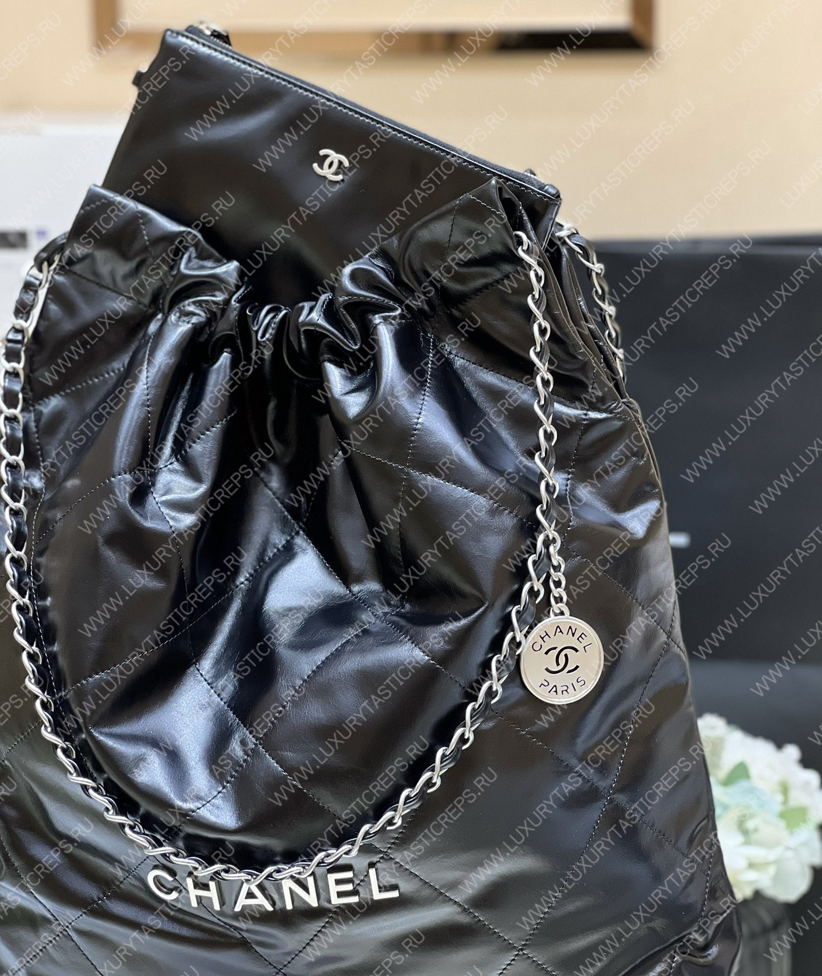 Ch*el 22 large shopping bag black as3262