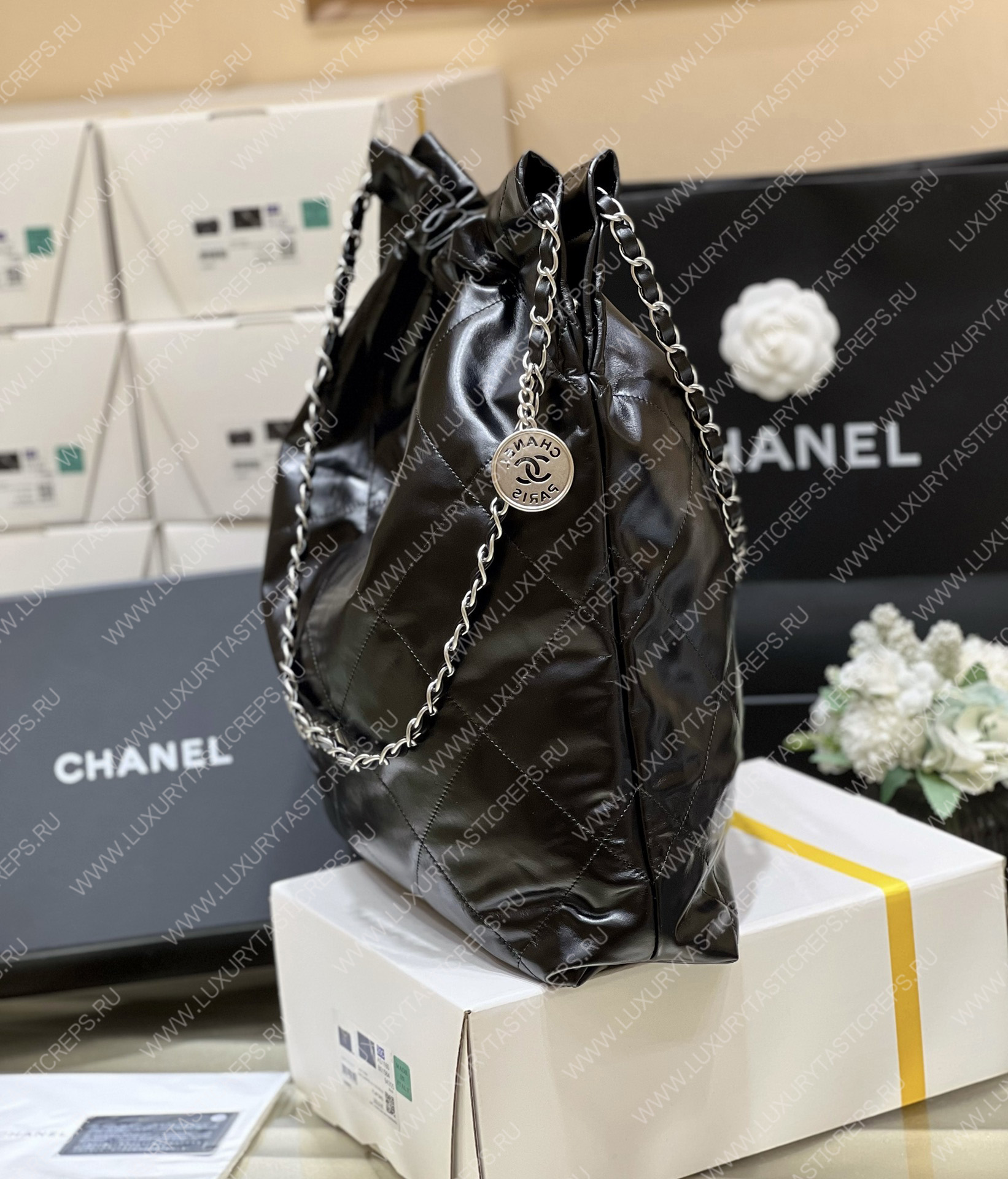 Ch*el 22 large shopping bag black as3262