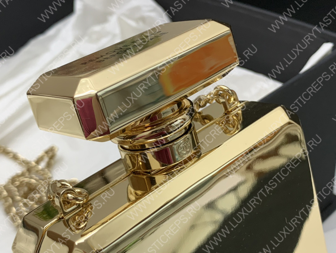 Ch*el evening clutch perfume bottle bag metal gold as3246