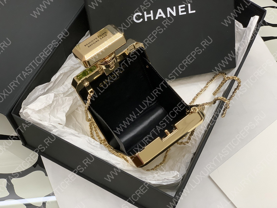 Ch*el evening clutch perfume bottle bag metal gold as3246