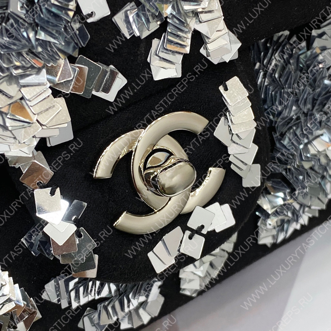 Ch*el mini flap bag embroidered tweed sequins black a69900