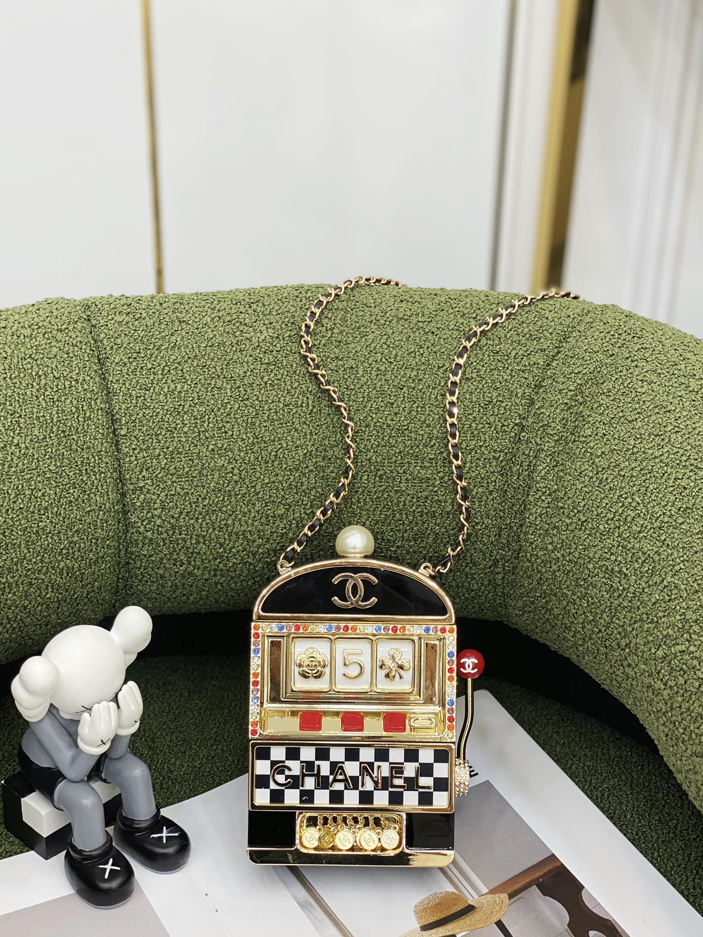 Ch*el slot machine minaudiere bag black gold white & red as3715