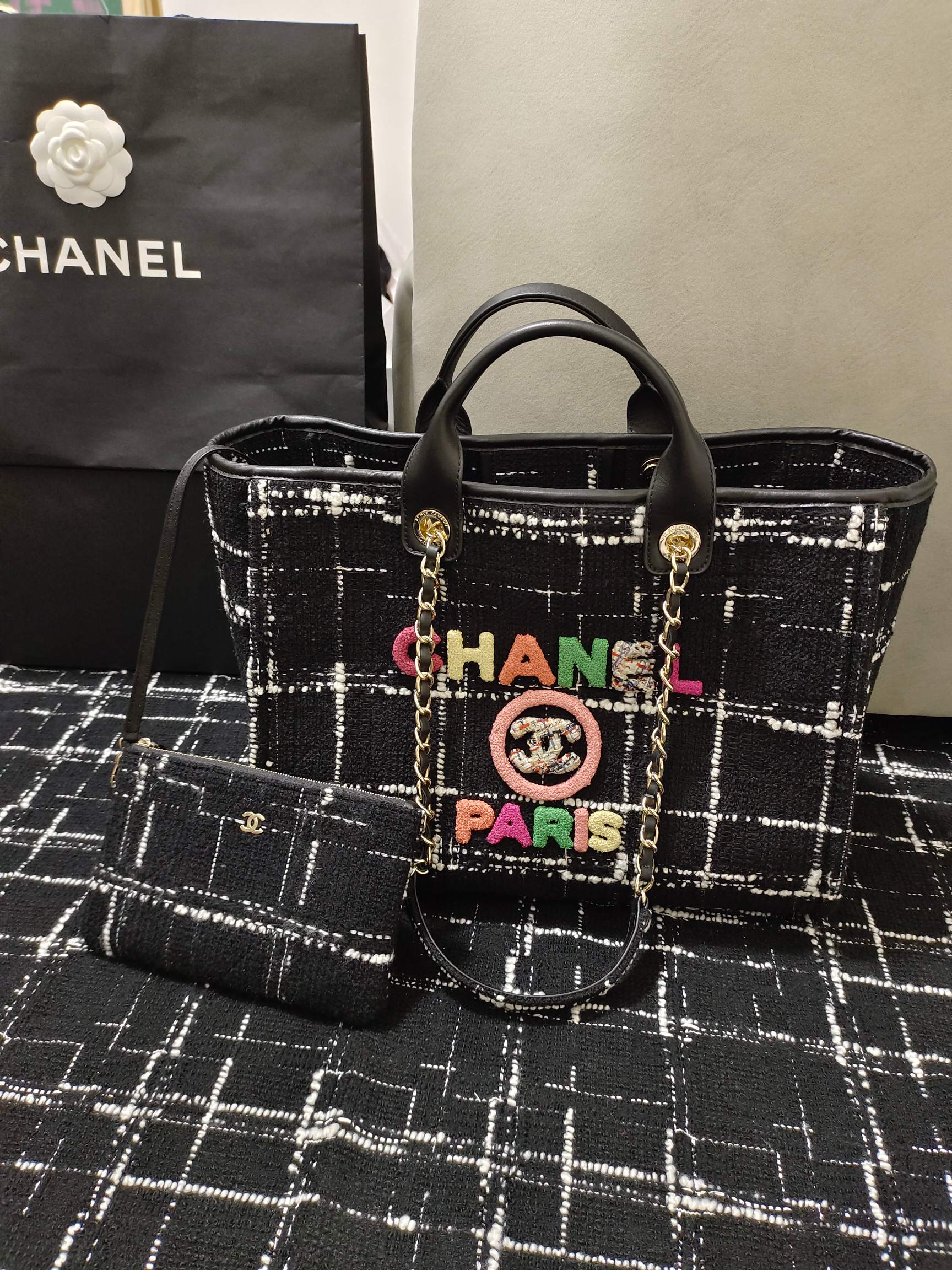 Ch*el large shopping bag black white & multicolor a66941
