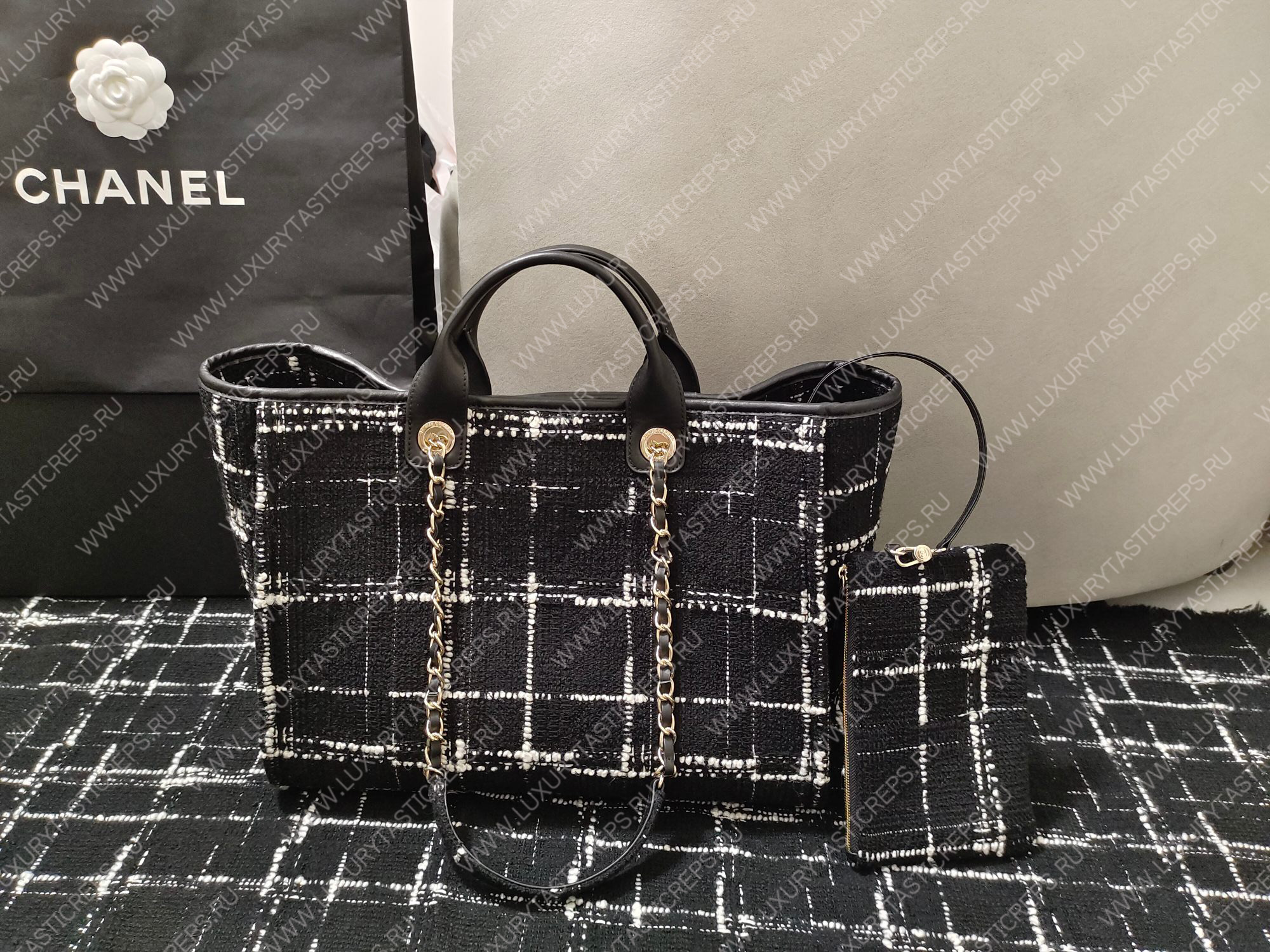 Ch*el large shopping bag black white & multicolor a66941
