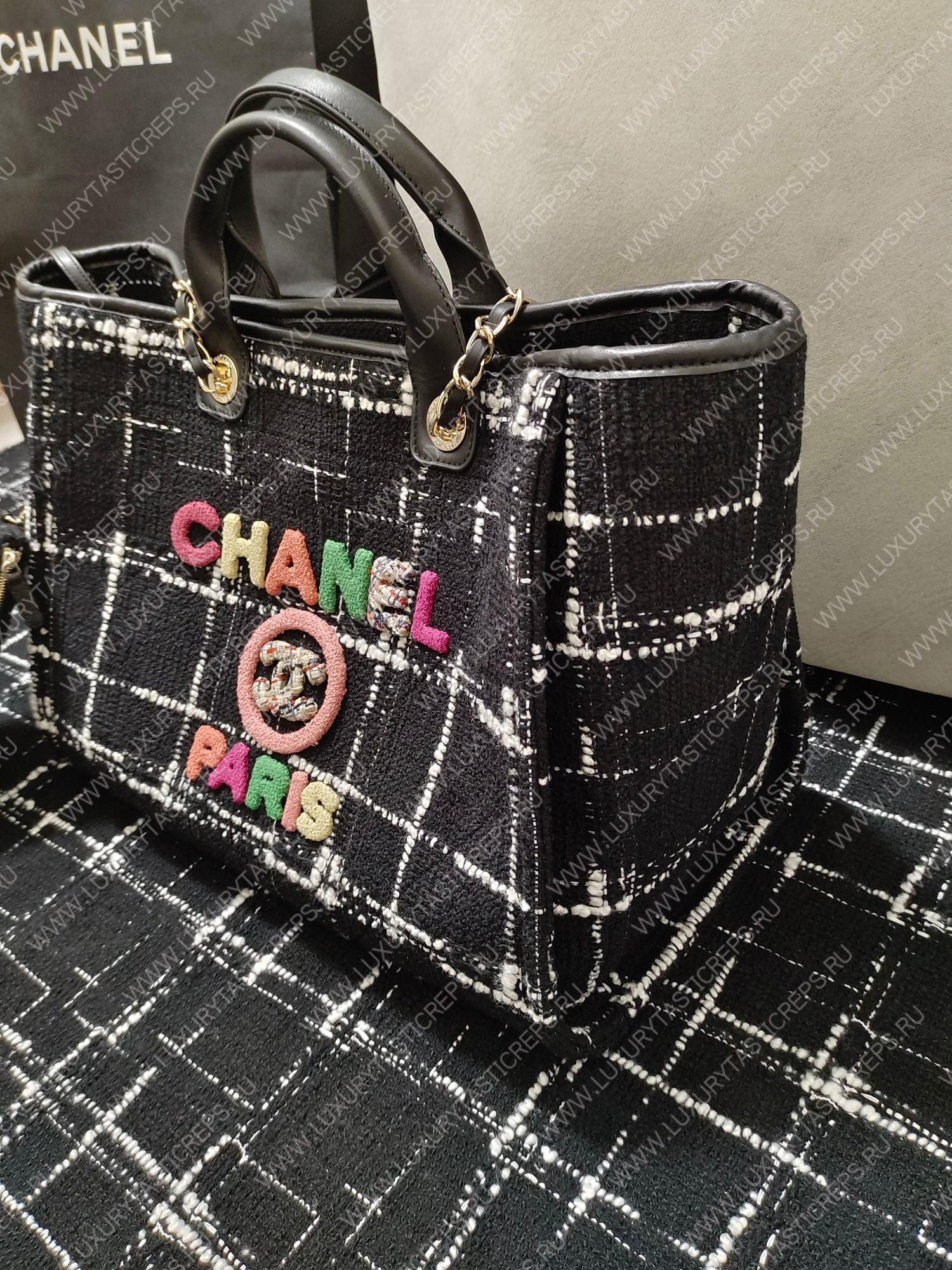 Ch*el large shopping bag black white & multicolor a66941