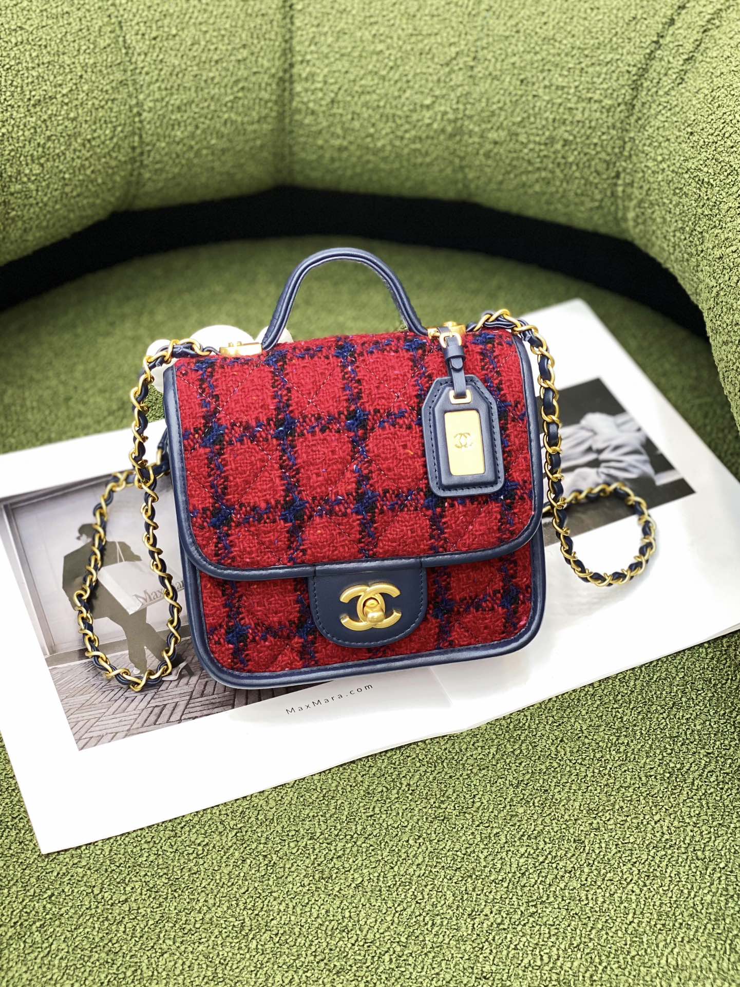 Ch*el mini flap bag with top handle red, navy blue & multicolor as3653
