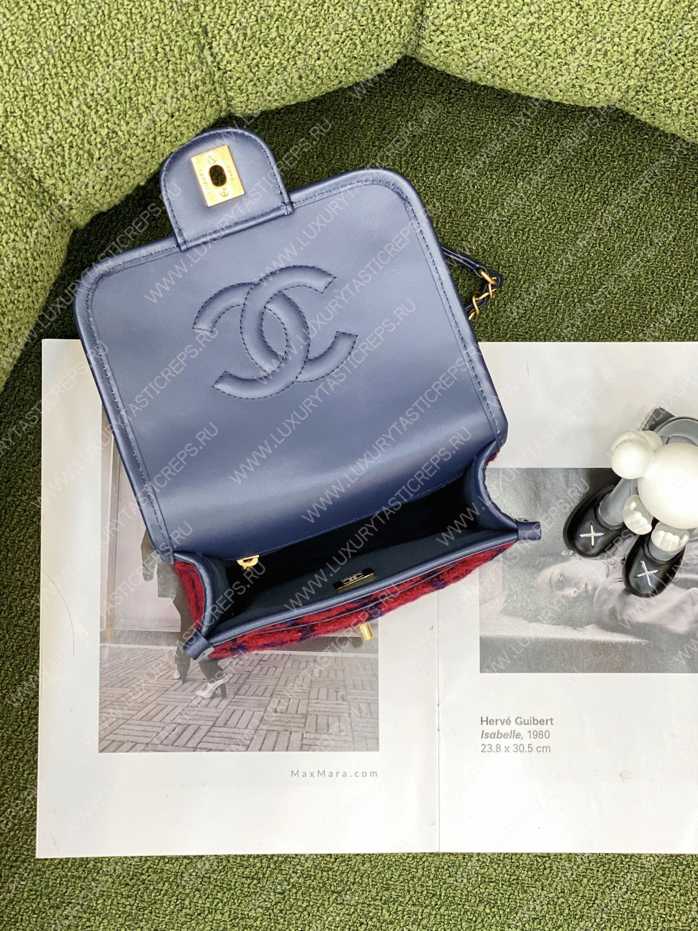 Ch*el mini flap bag with top handle red, navy blue & multicolor as3653