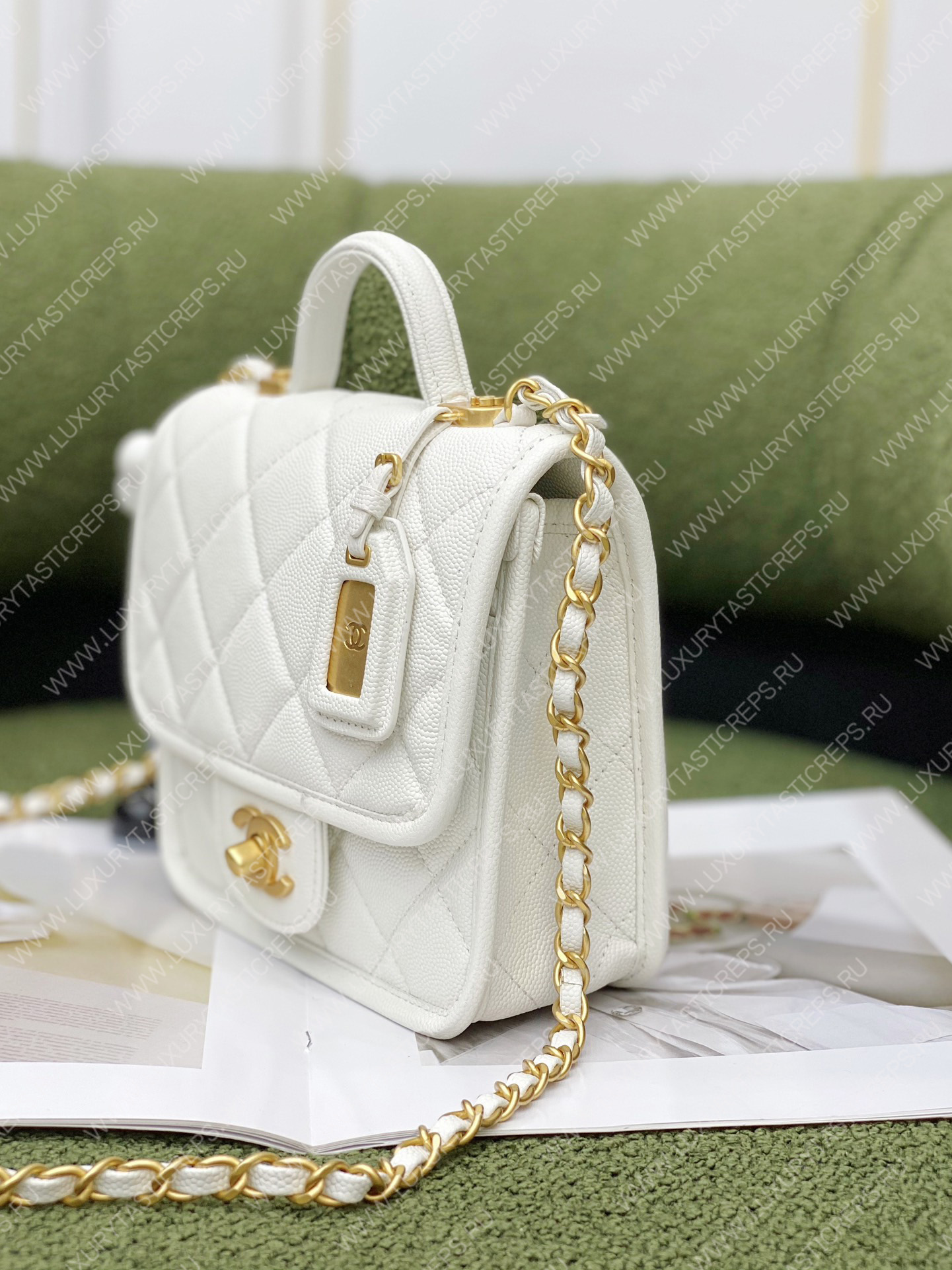 Ch*el mini flap bag with top handle white as3653
