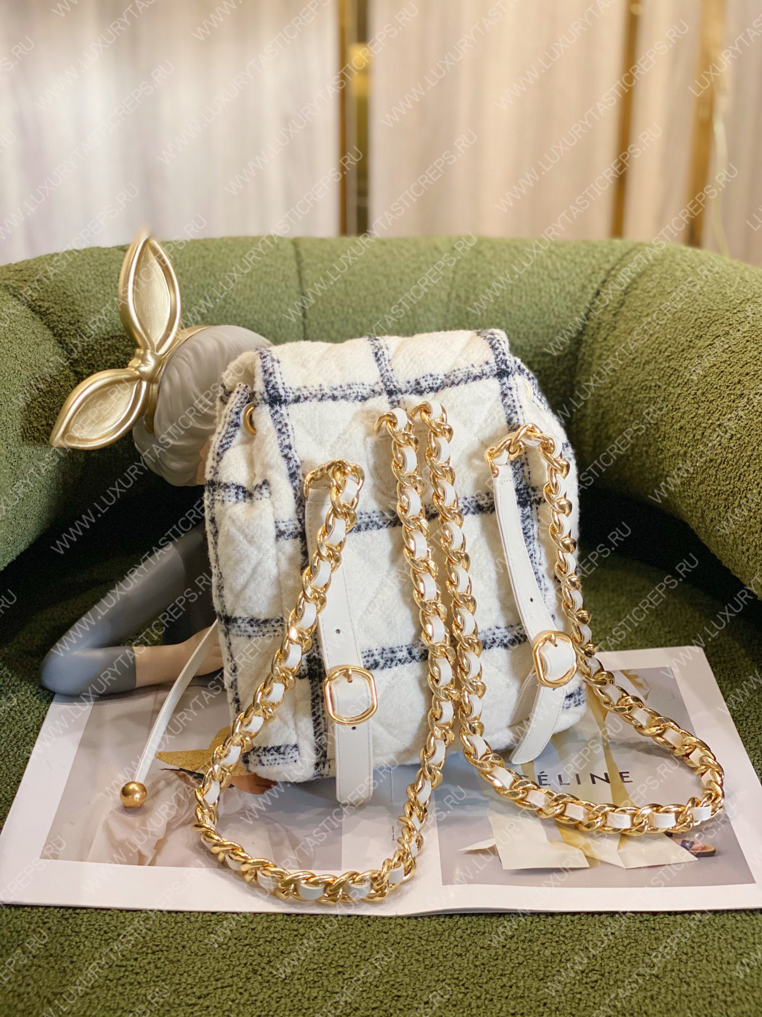 Ch*el backpack wool tweeted white & grey as3615