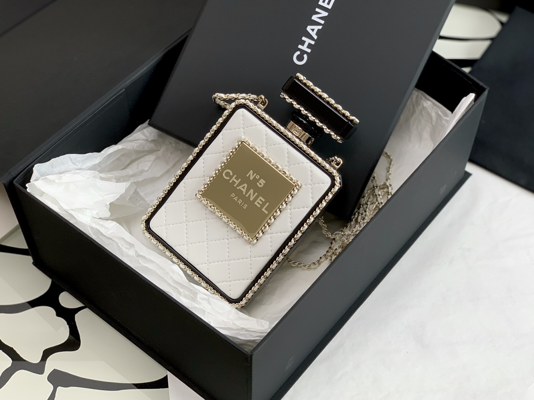 Ch*el evening clutch perfume bottle bag metal white as3246