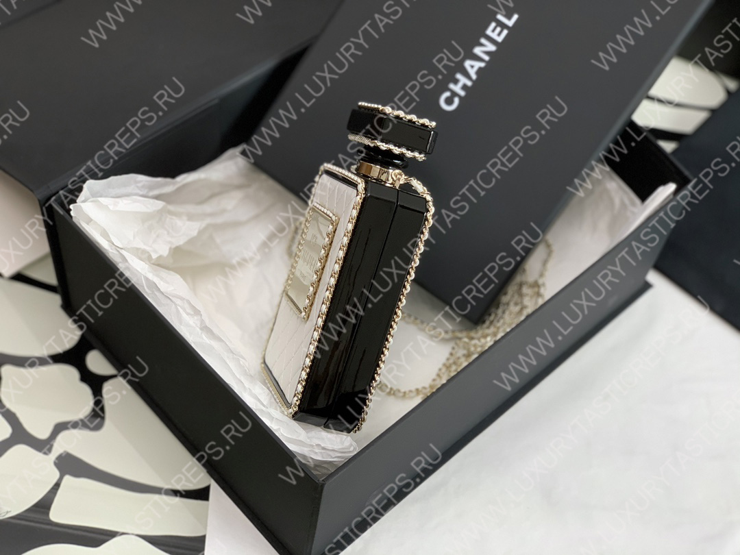 Ch*el evening clutch perfume bottle bag metal white as3246