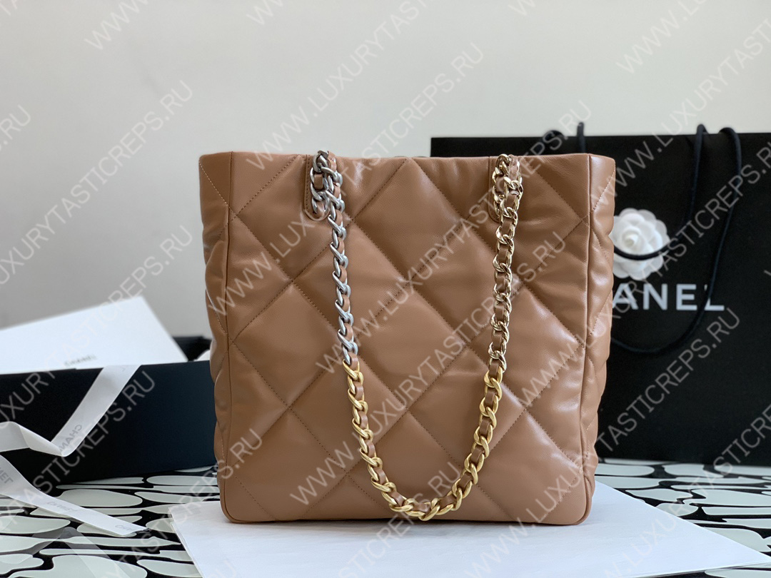 Ch*el 19 icon shopping bag brown as3519