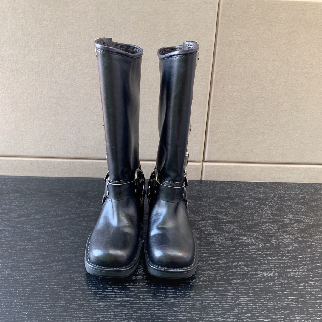 MIU MIU LEATHER BIKER BOOTS BLACK 5W792D