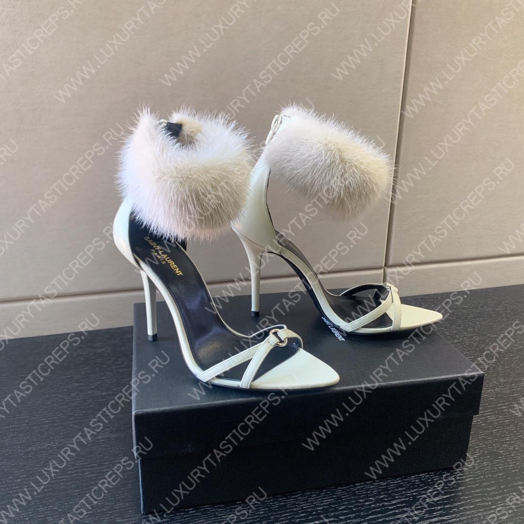 YVES SAINT LAURENT FAUX FUR-CUFF SANDALS WHITE BGS21