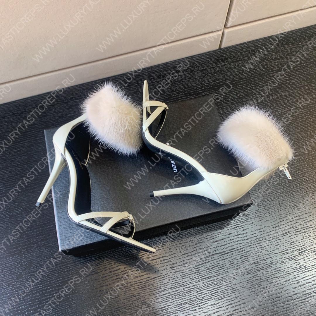 YVES SAINT LAURENT FAUX FUR-CUFF SANDALS WHITE BGS21