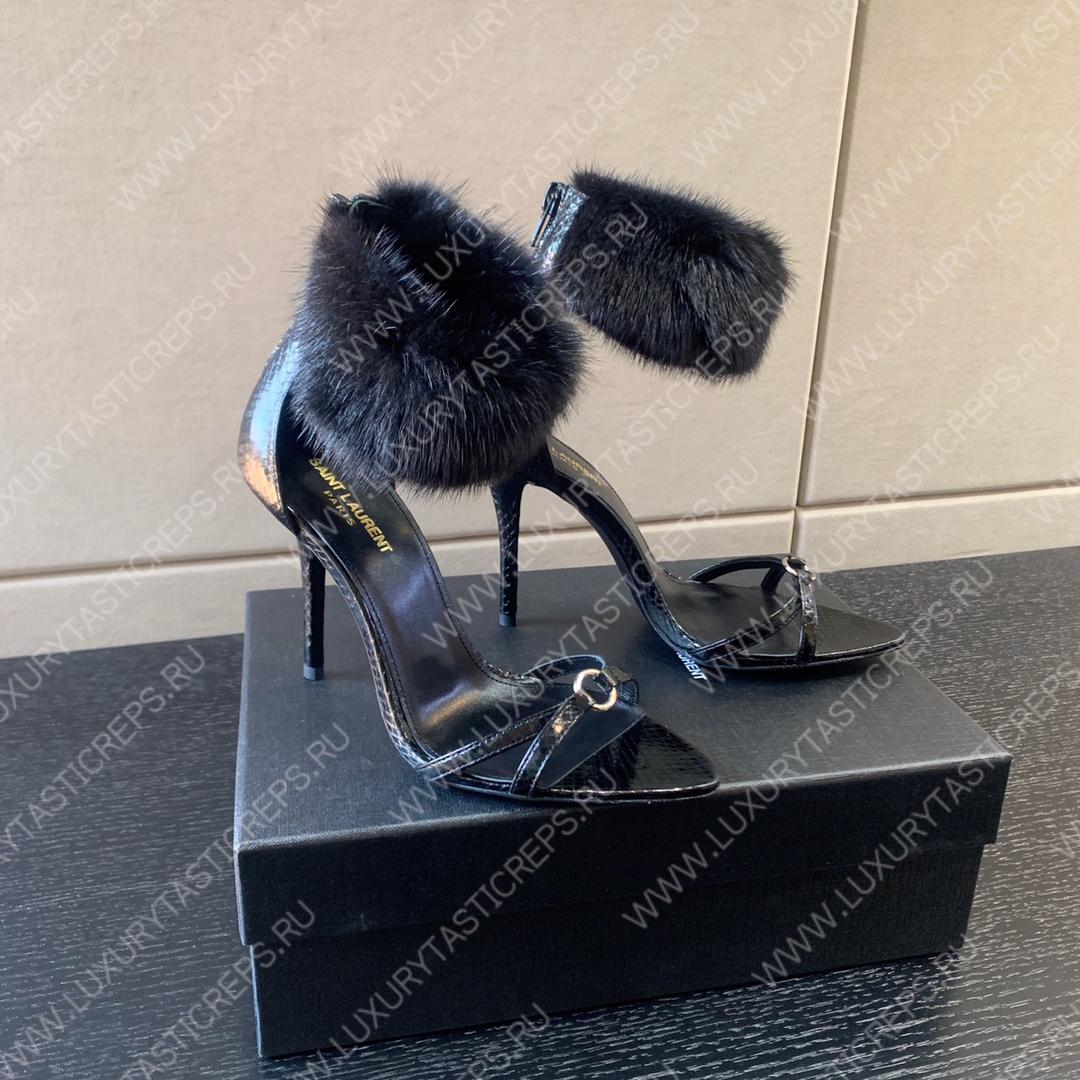 YVES SAINT LAURENT FAUX FUR-CUFF SANDALS BLACK BGS21