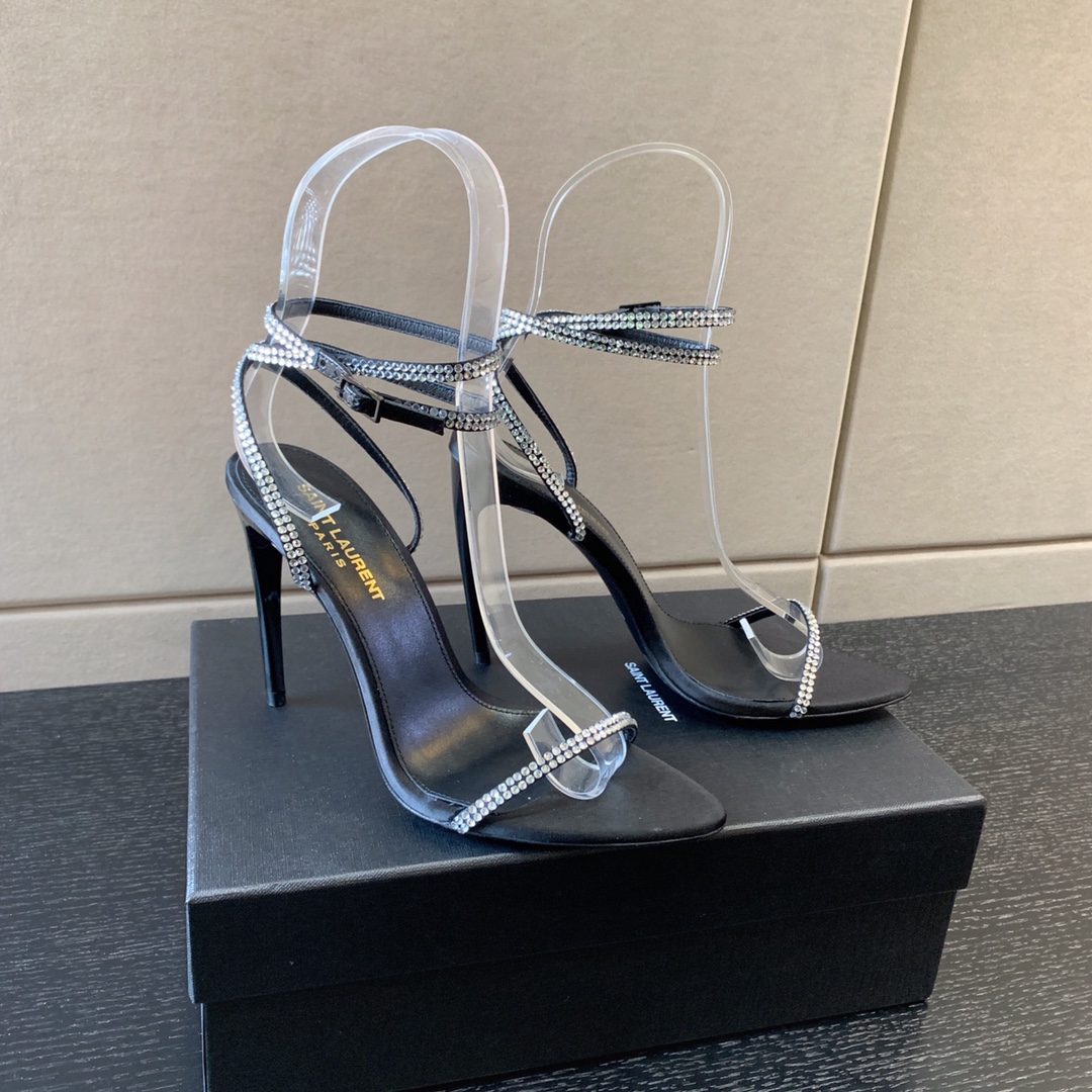 YVES SAINT LAURENT GIPPY SANDALS SATIN AND LEATHER BLACK 720656