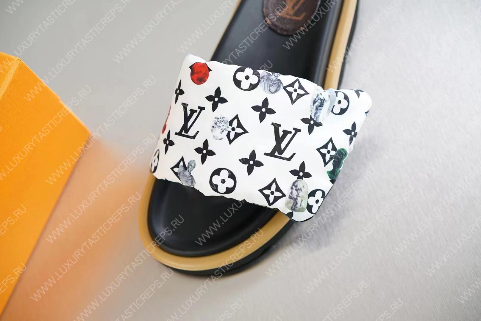 l**is V*t*n pool pillow flat comfort mules black and white 261374