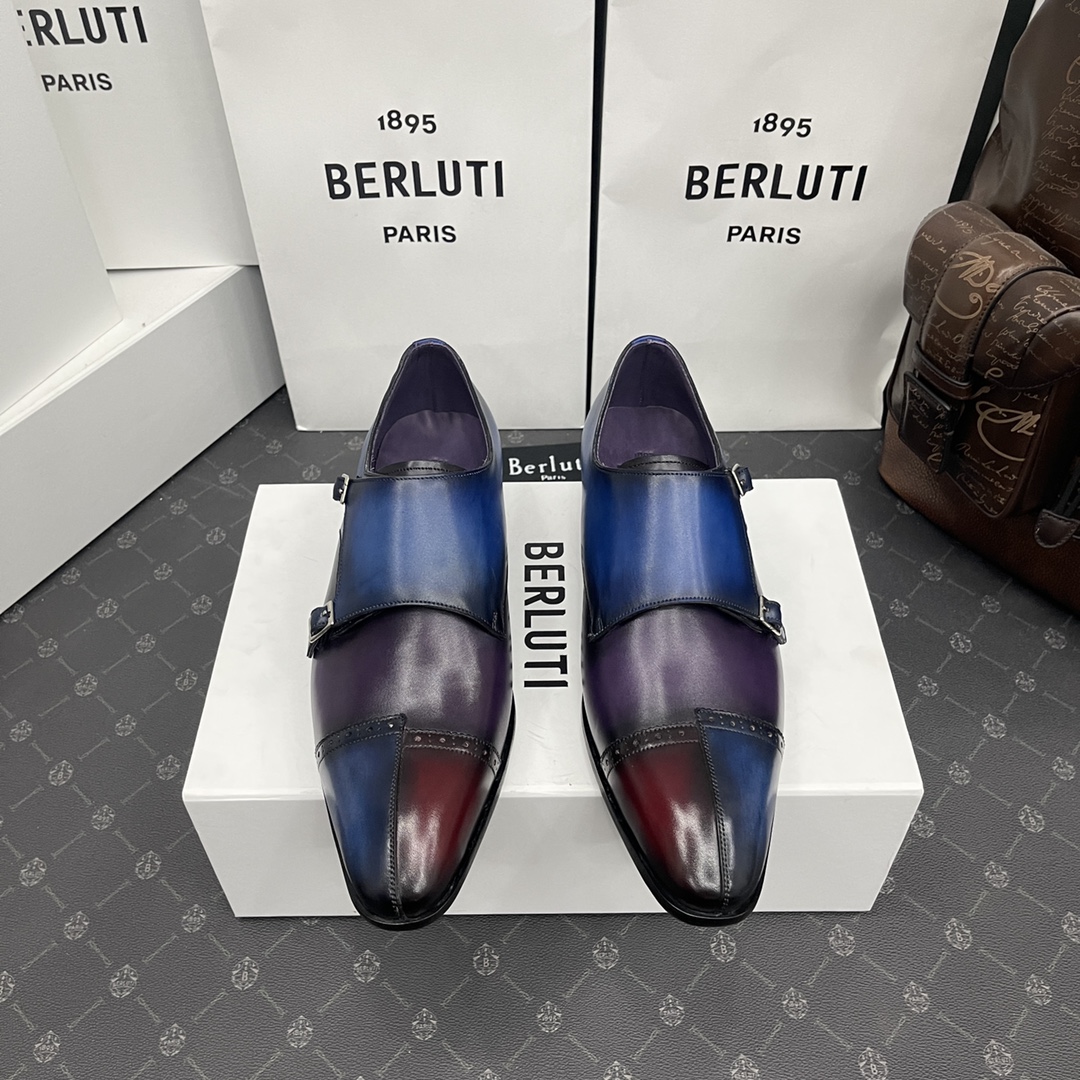 BERLUTI GALET SCRITTO DOUBLE MONK SHOE BLUE AND BURGUNDY S6025-V2