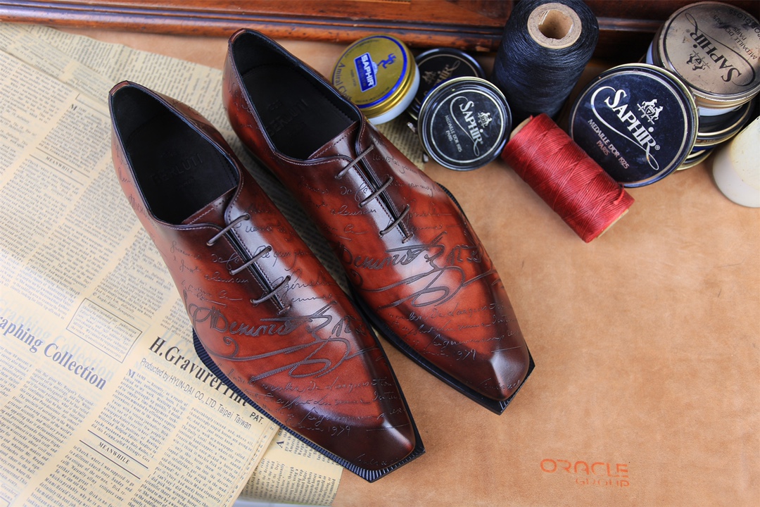 BERLUTI SCRITTO LEATHER OXFORDS RED BROWN S5898-V2