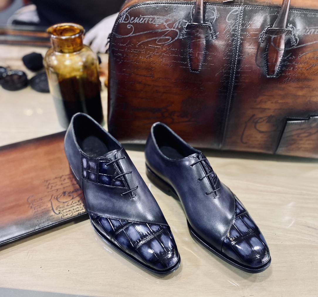 BERLUTI ALESSANDRO DEMESURE CROC LEATHER OXFORD SHOE BLACK S5532-V1