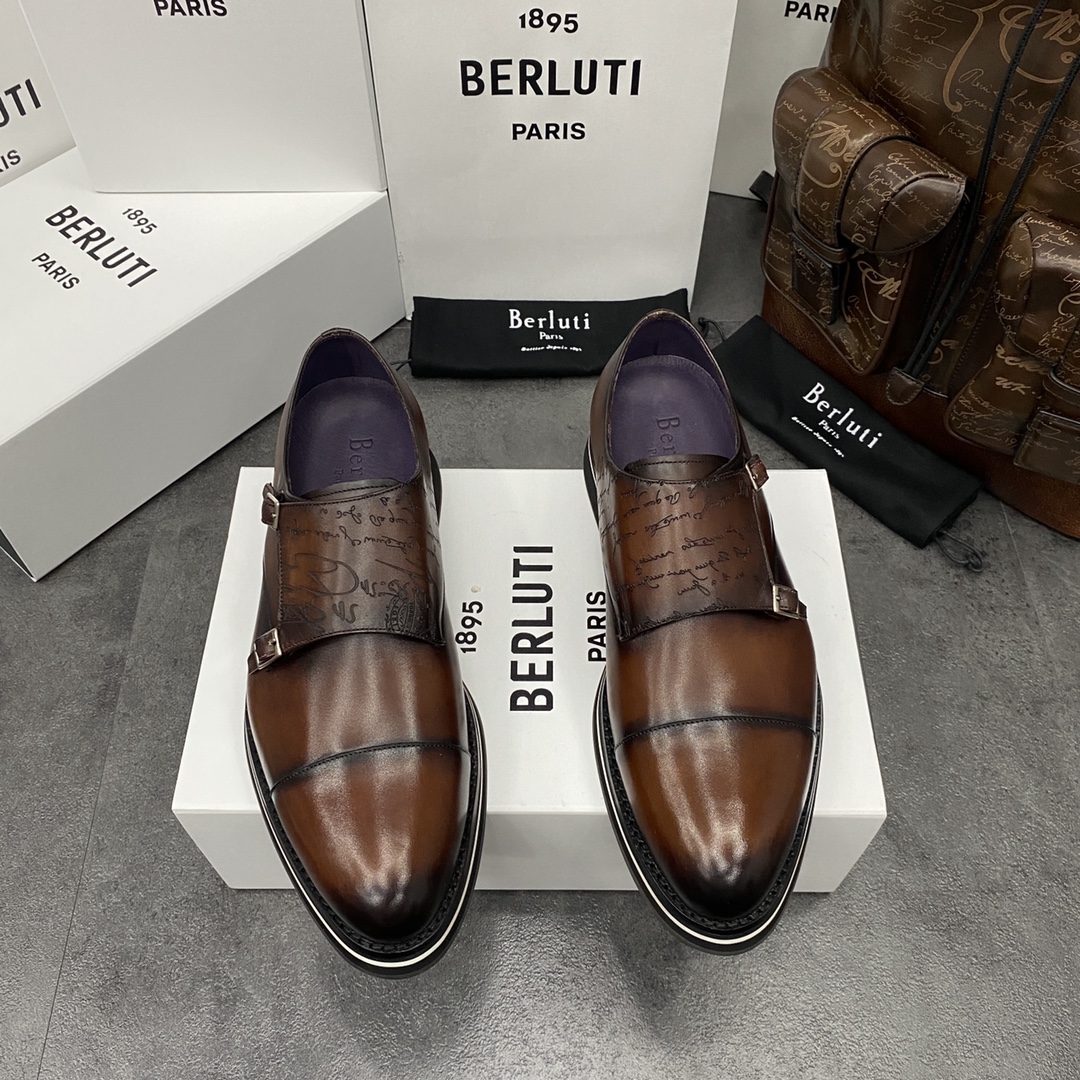 BERLUTI ALESSIO PADOVA SCRITTO LEATHER DOUBLE MONK SHOE BROWN S5527