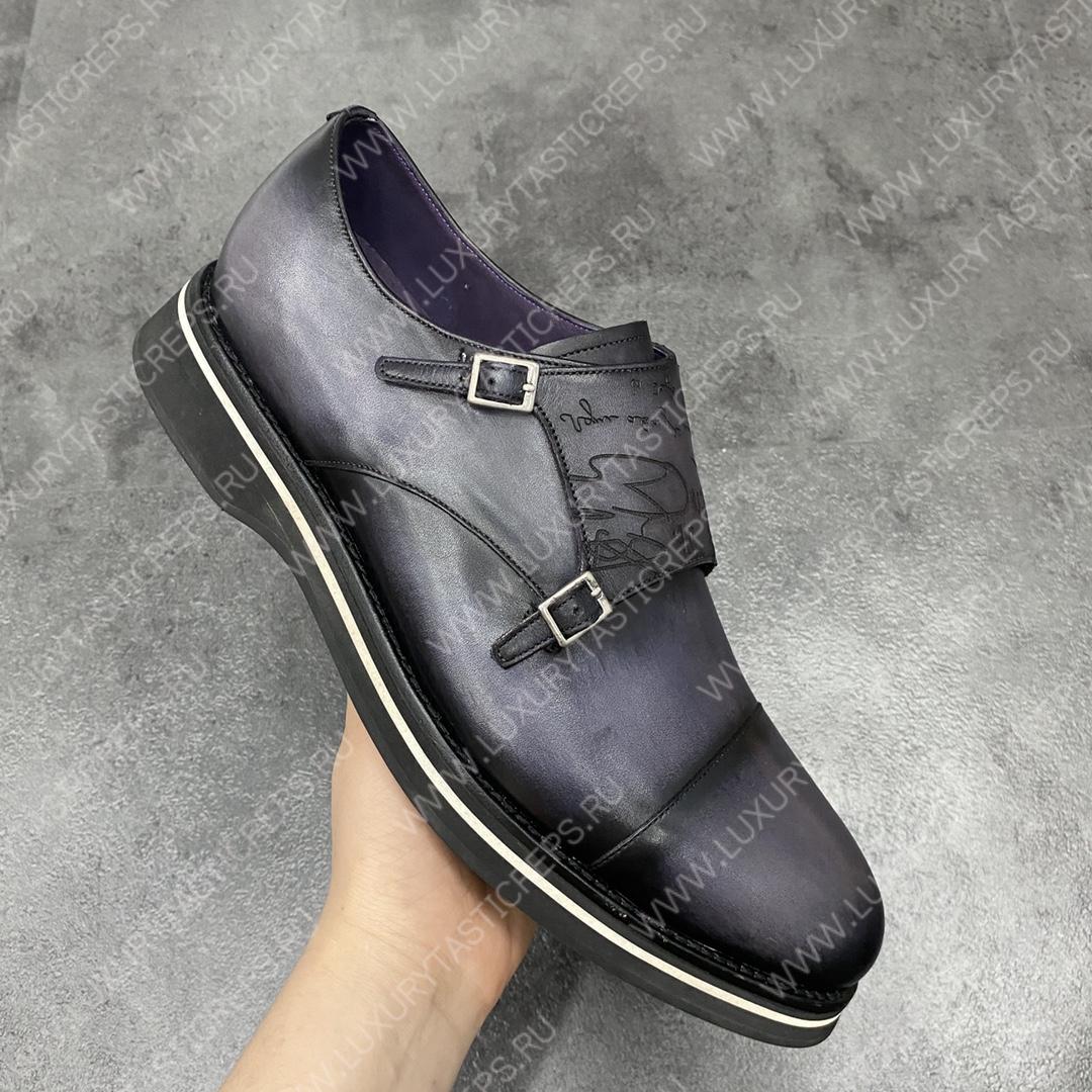 BERLUTI ALESSIO PADOVA SCRITTO LEATHER DOUBLE MONK SHOE GREY S5527