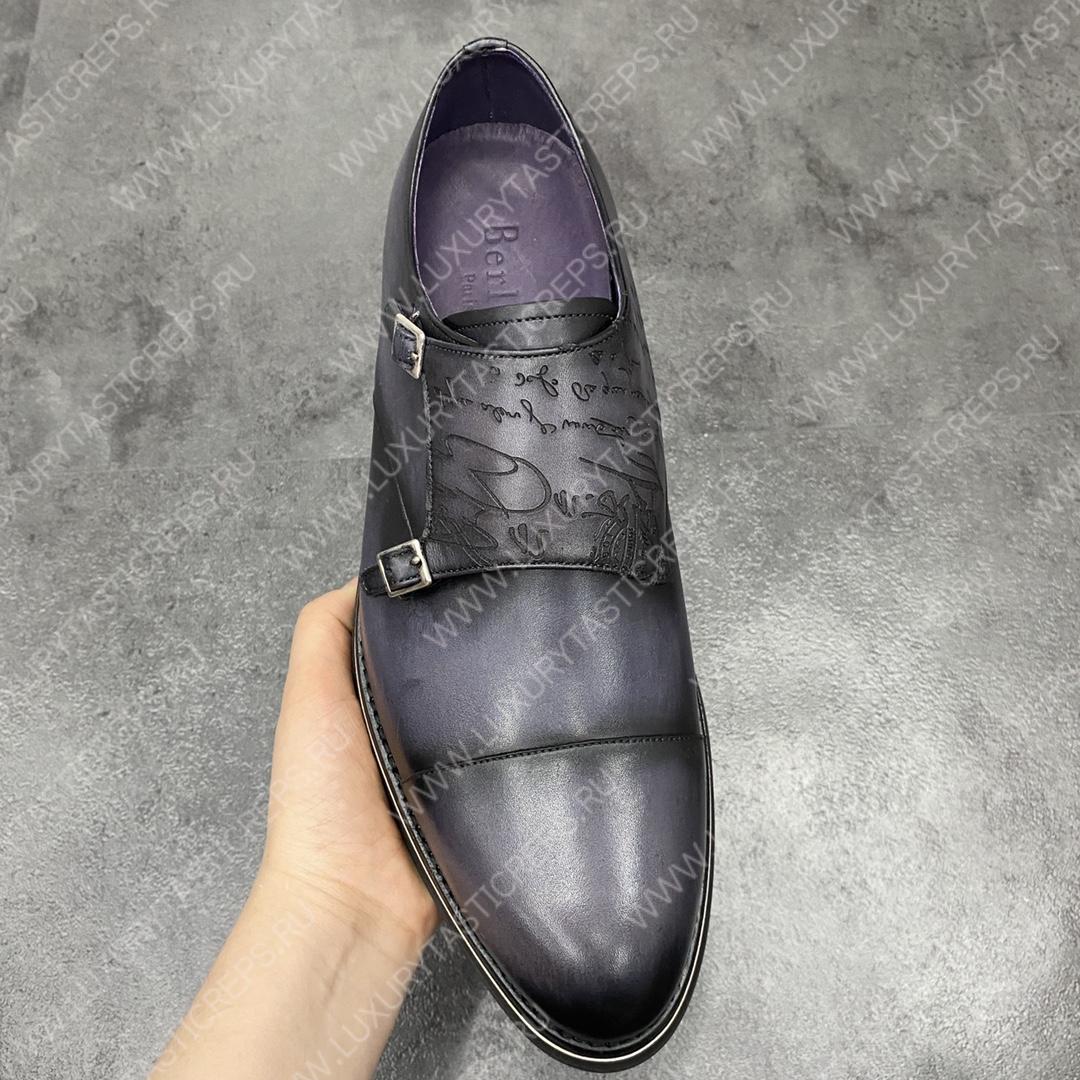 BERLUTI ALESSIO PADOVA SCRITTO LEATHER DOUBLE MONK SHOE GREY S5527