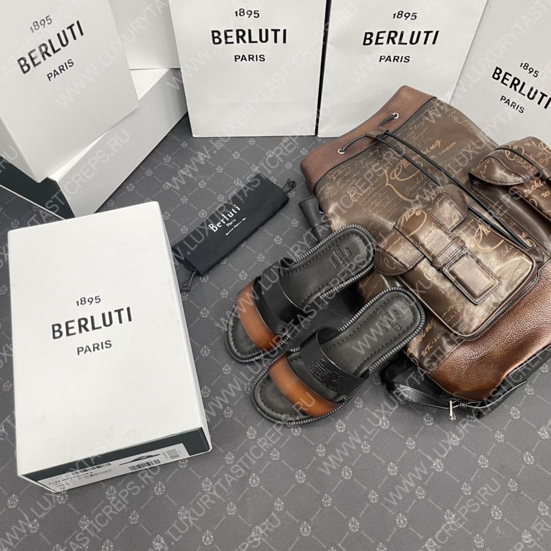 BERLUTI SIFNOS SCRITO LEATHER SANDAL BROWN & BLACK S5438-V33
