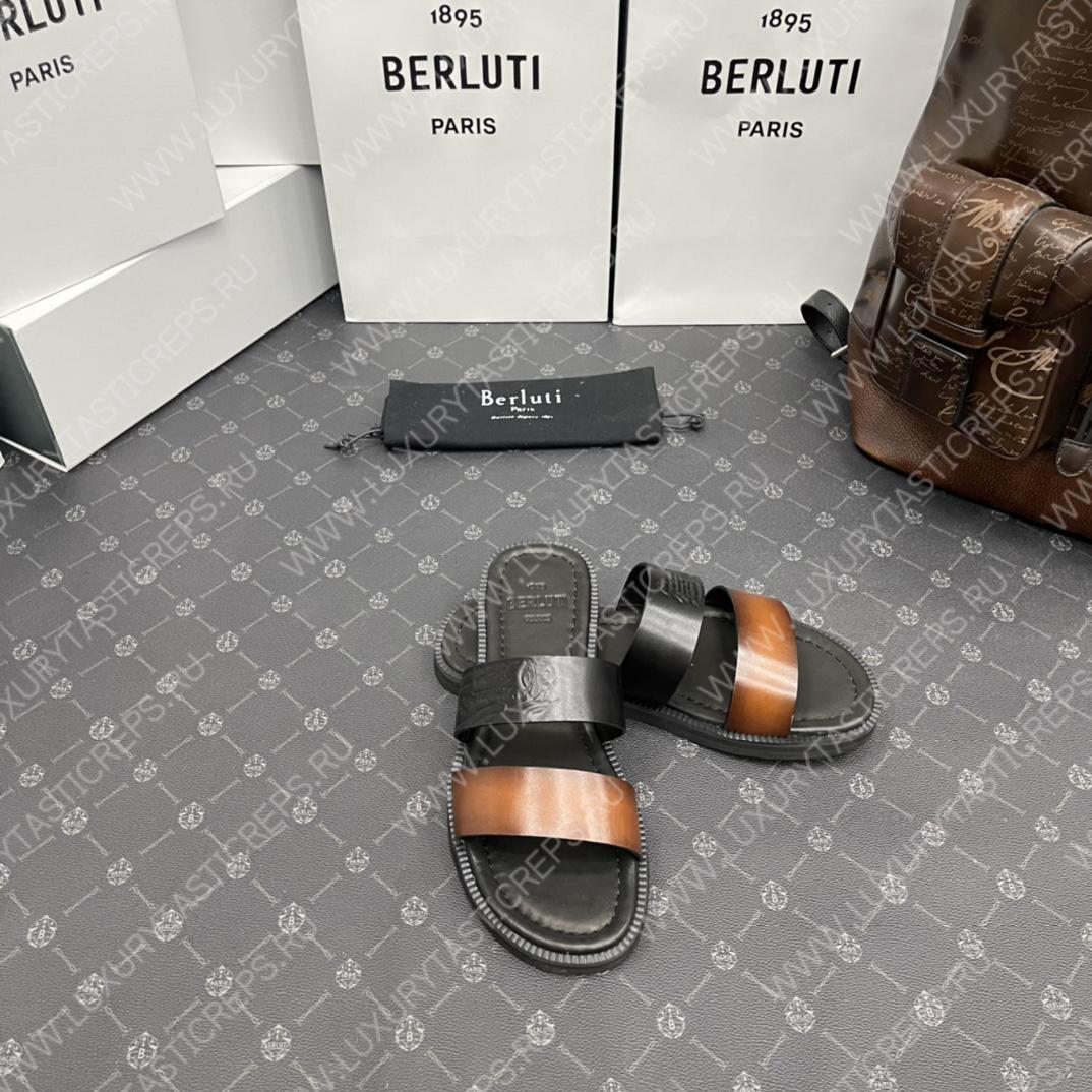 BERLUTI SIFNOS SCRITO LEATHER SANDAL BROWN & BLACK S5438-V33