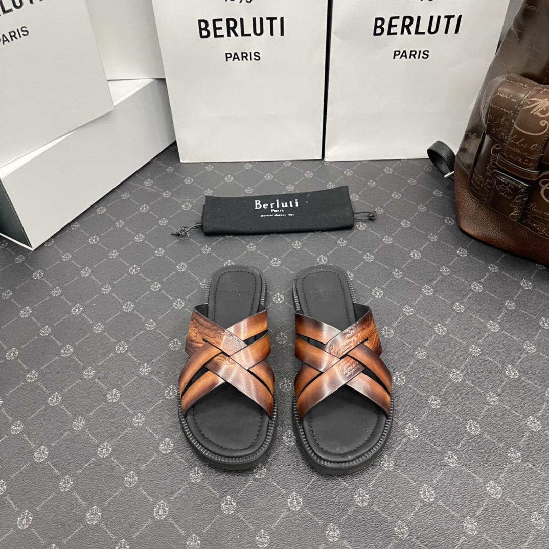 BERLUTI SIFNOS SCRITO LEATHER SANDAL BROWN S5439-V33