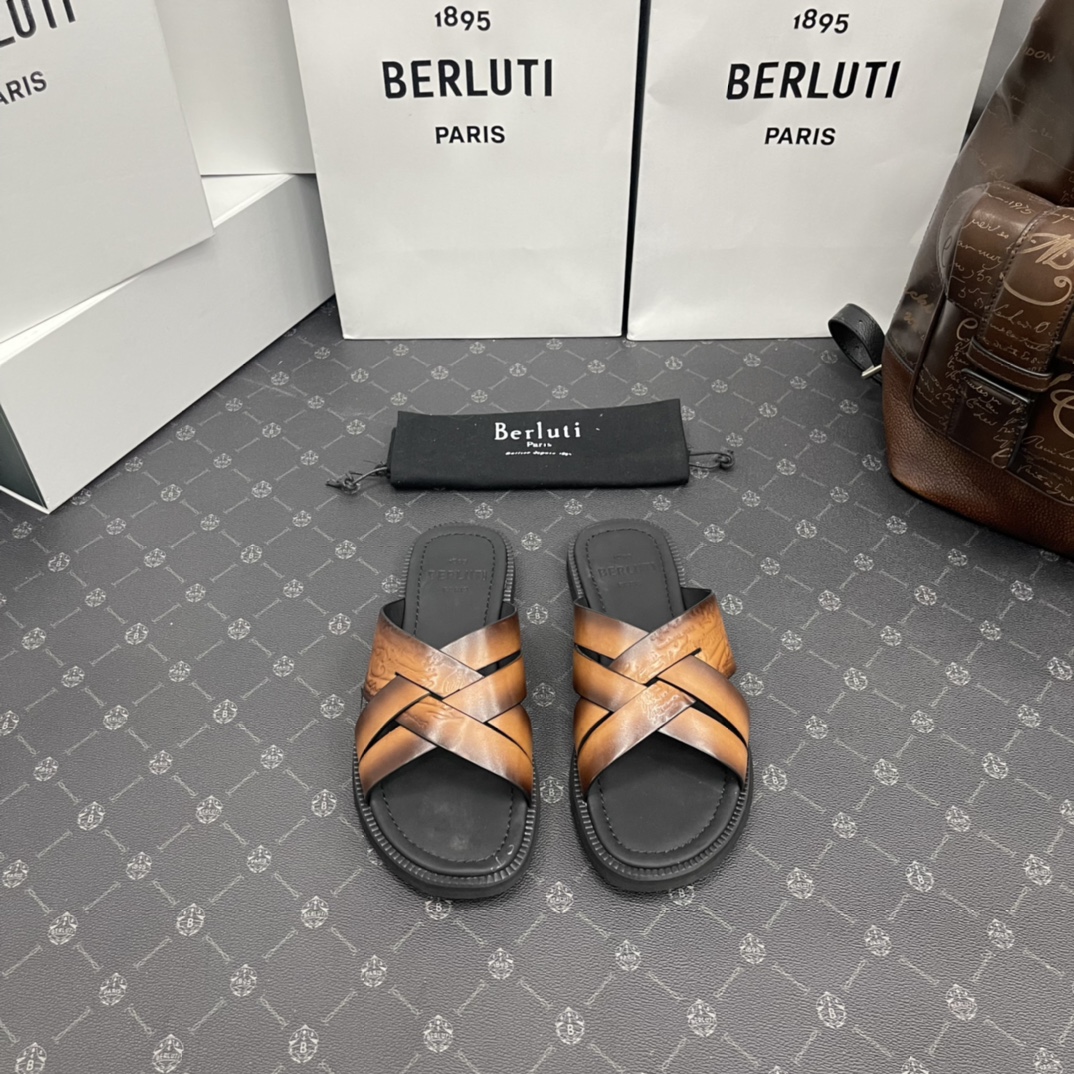 BERLUTI SIFNOS SCRITO LEATHER SANDAL BROWN S5439-V33