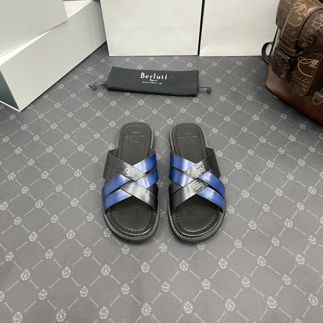 BERLUTI SIFNOS SCRITO LEATHER SANDAL BLACK & BLUE S5439-V33