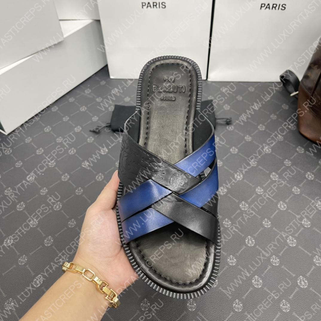 BERLUTI SIFNOS SCRITO LEATHER SANDAL BLACK & BLUE S5439-V33