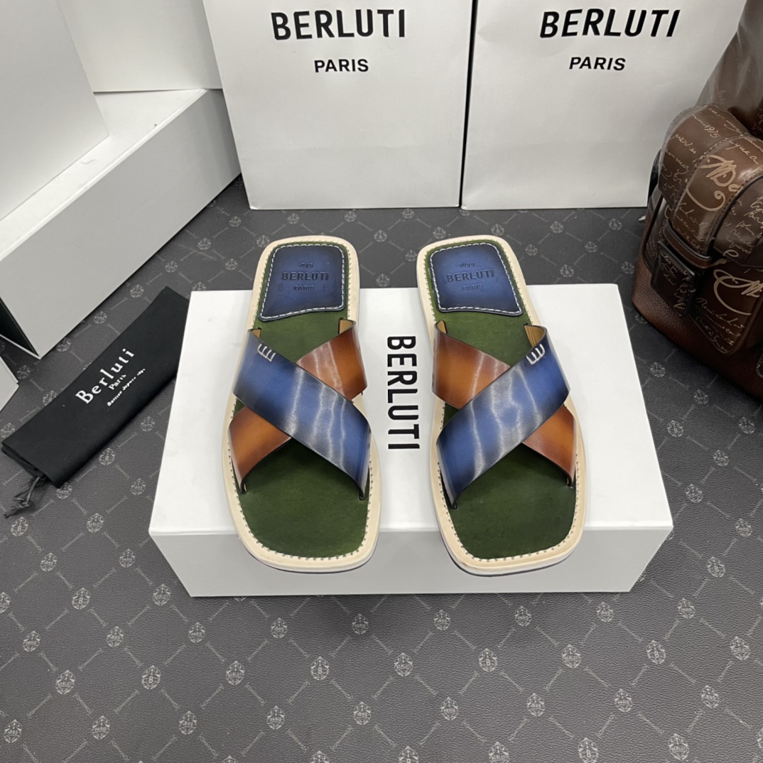 BERLUTI ELIO PATMOS LEATHER SANDALS BLUE/BROWN 811572