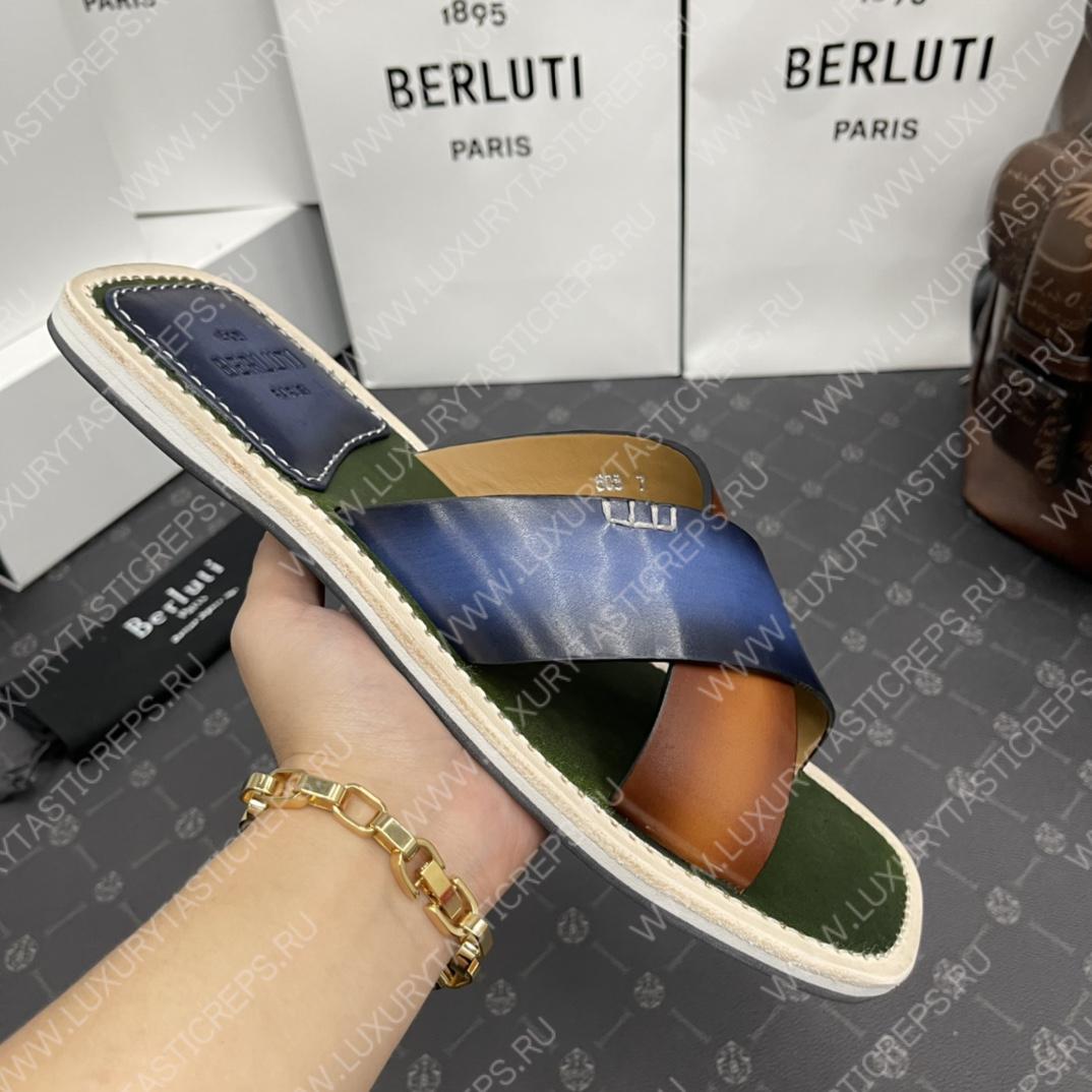 BERLUTI ELIO PATMOS LEATHER SANDALS BLUE/BROWN 811572