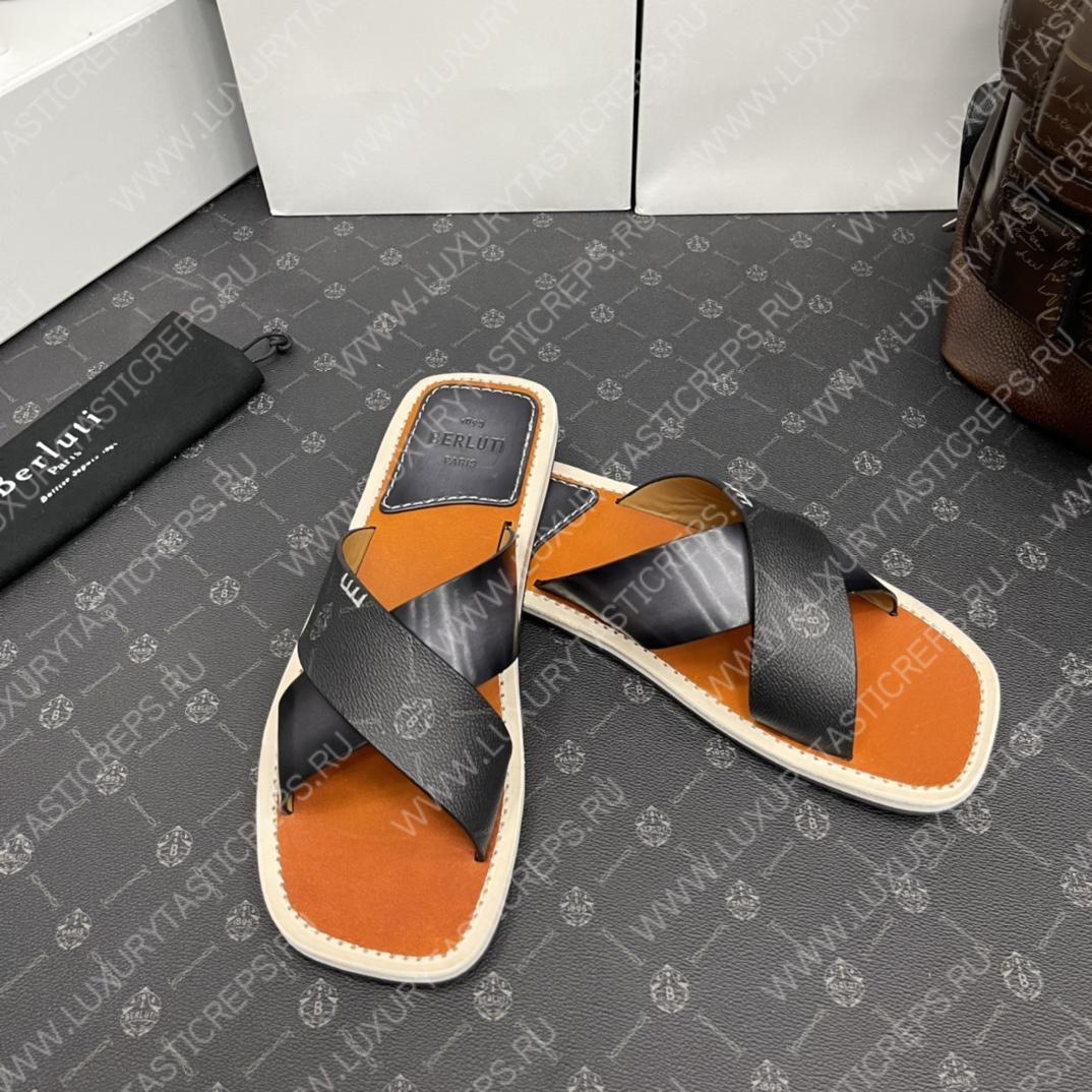 BERLUTI ELIO PATMOS LEATHER SANDALS GREY/ORANGE 811572