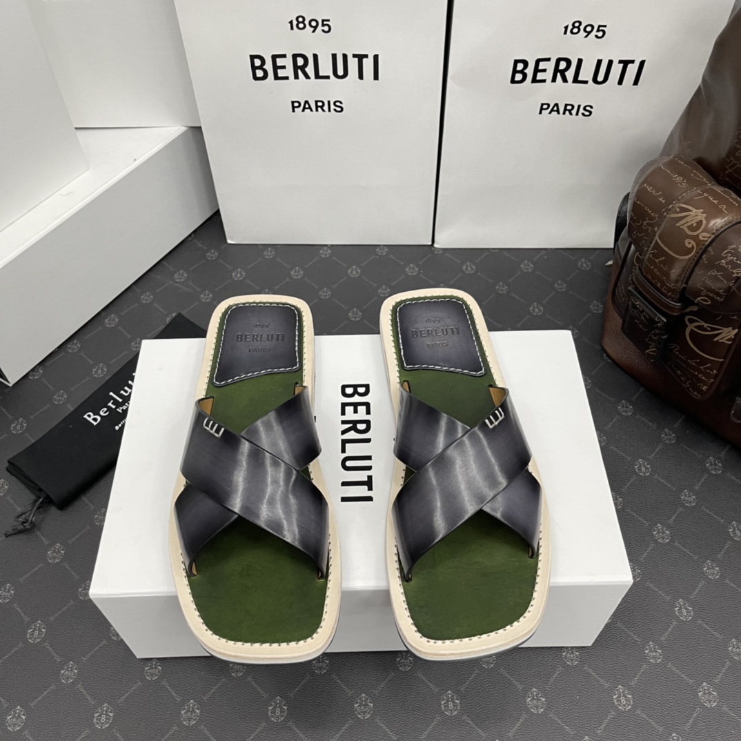 BERLUTI ELIO PATMOS LEATHER SANDALS GREY/OLIVE 811572