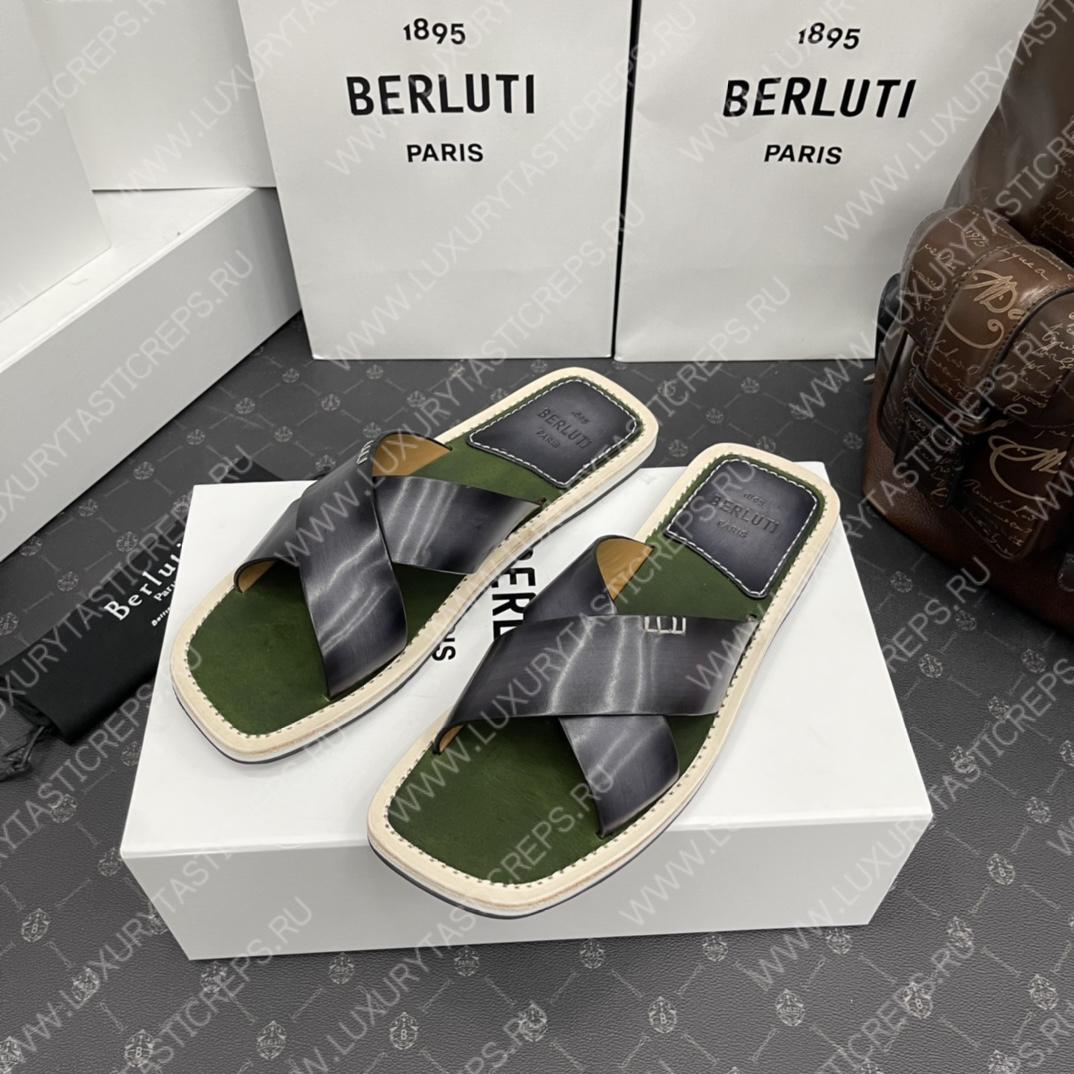 BERLUTI ELIO PATMOS LEATHER SANDALS GREY/OLIVE 811572