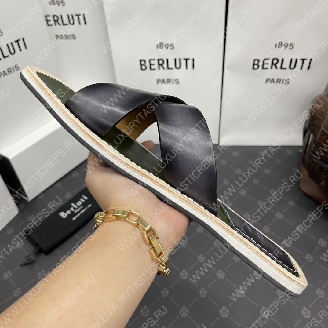 BERLUTI ELIO PATMOS LEATHER SANDALS GREY/OLIVE 811572