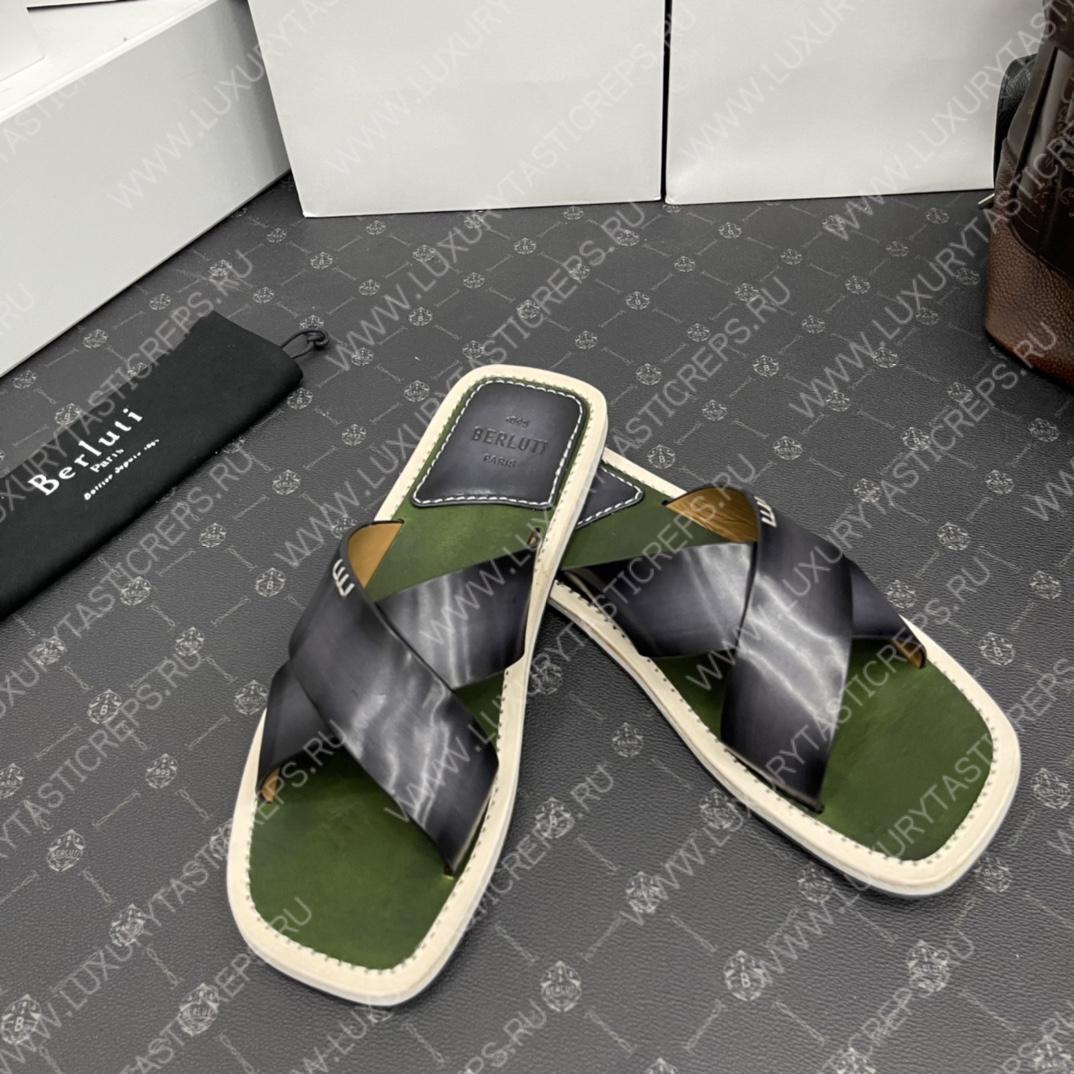 BERLUTI ELIO PATMOS LEATHER SANDALS GREY/OLIVE 811572