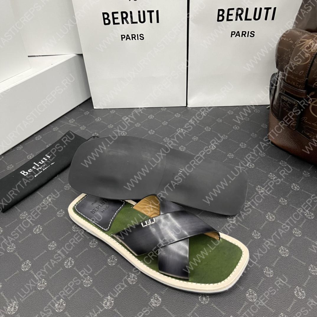 BERLUTI ELIO PATMOS LEATHER SANDALS GREY/OLIVE 811572