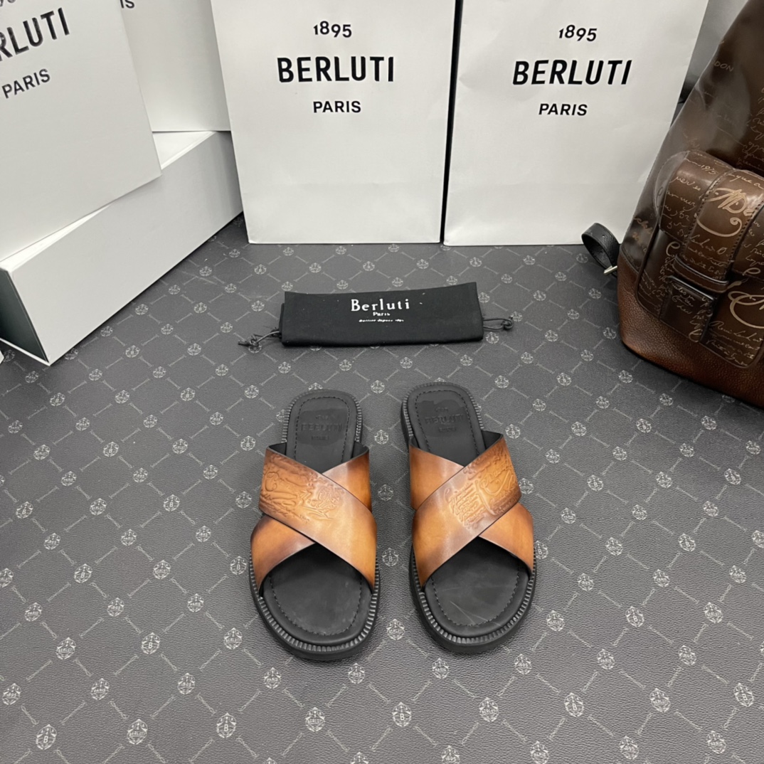 BERLUTI SIFNOS SCRITO LEATHER SANDAL BROWN S5438-V33