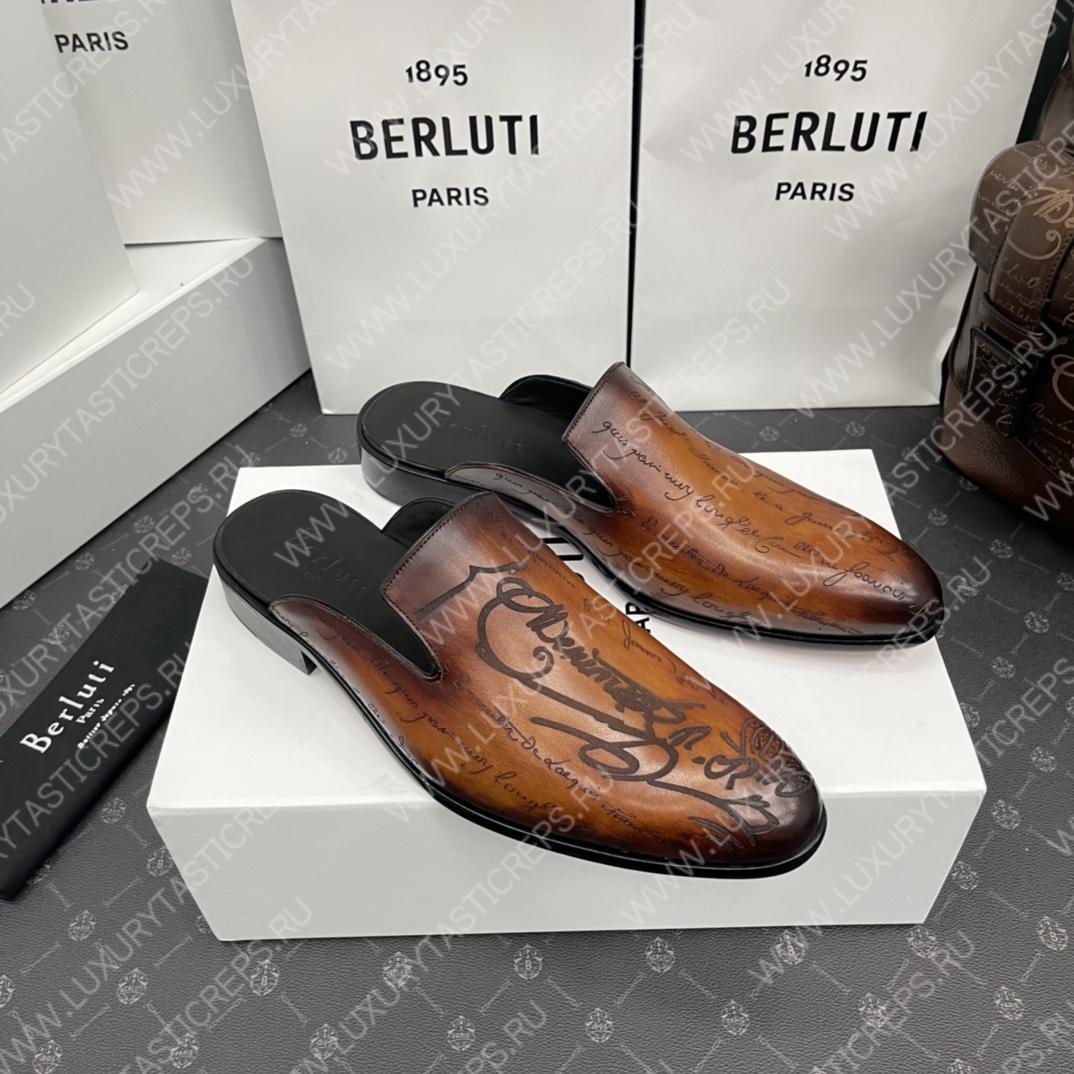 BERLUTI CYRUS SCRITTO SLIPPERS TOBACCO BIS S3786