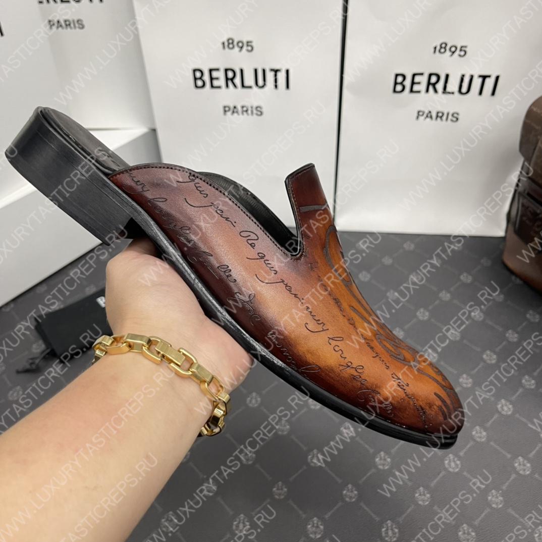 BERLUTI CYRUS SCRITTO SLIPPERS TOBACCO BIS S3786