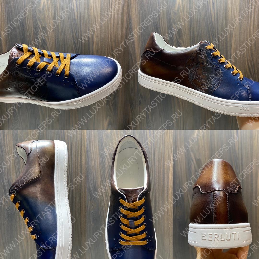 BERLUTI PLAYTIME SCRITTO SNEAKER INTENSE COCOA AND BLUE S5330-V2