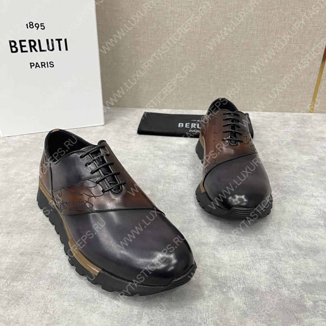 BERLUTI FAST TRACK SCRITTO SNEAKER CHARCOL BROWN AND BLACK S6009-V2
