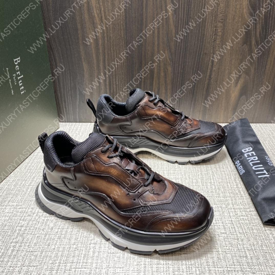 BERLUTI PLAYOFF SCRITTO LEATHER SNEAKER DARK BROWN S5867-V2