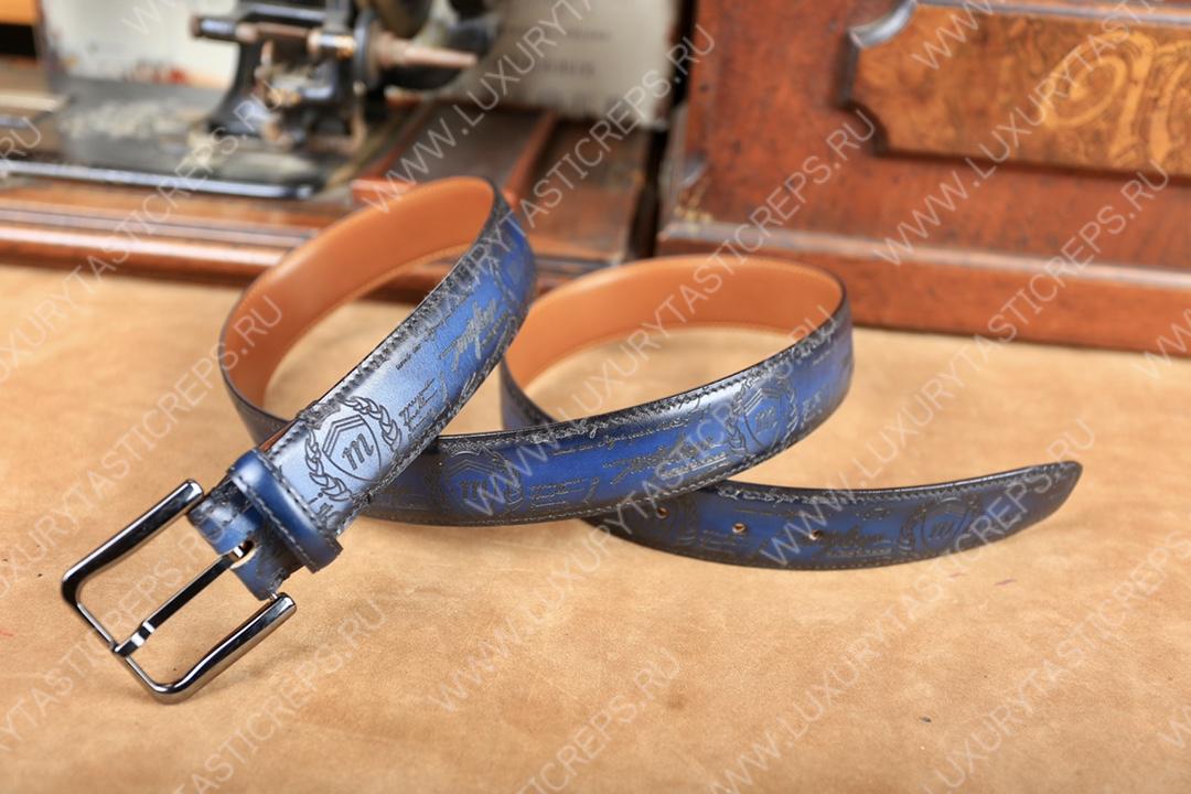 BERLUTI CLASSIC SCRITTO LEATHER BELT BLUE C0002